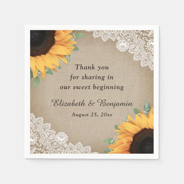 Rustic Vintage Burlap Lace Sunflower Wedding Napkins (Front)
