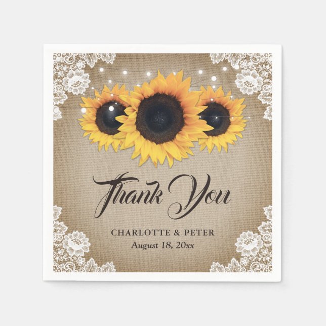 Rustic Vintage Burlap Lace Sunflower Wedding Napkins (Front)