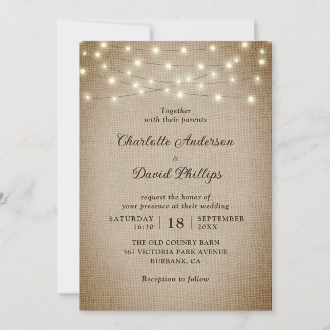 Rustic Vintage Burlap String Lights Wedding Invitation (Front)