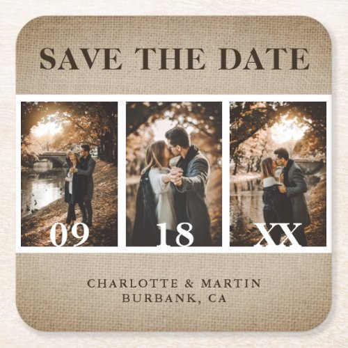 Rustic Vintage Burlap Wedding Photo Save The Date Square Paper Coaster