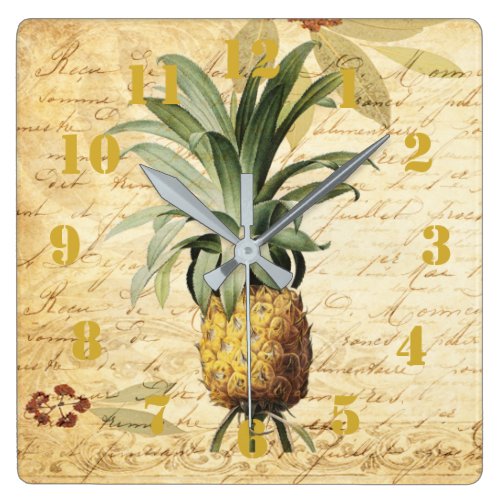 Rustic Vintage Calligraphy Pineapple Ornate Square Wall Clock