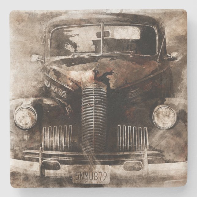 Rustic Vintage Car Stone Coaster (Front)