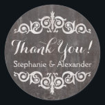 Rustic Vintage Chalkboard Personalized Thank You Classic Round Sticker<br><div class="desc">Thank you in handwritten look script along with the bride and groom names, a great thank you or wedding favor sticker for treats and goodies! Old-time vintage chalkboard theme for that old pharmacy label look. Add custom text for party or occasion. Dark charcoal gray and black background with white chalk...</div>