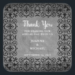 Rustic vintage chalkboard Wedding Thank You Favor  Square Sticker<br><div class="desc">Rustic vintage chalkboard wedding thank you labels with thank you message. These wedding thank you stickers are the perfect way personalize your wedding favors. Add your bride and groom names and wedding date and you can change the Thank you text.</div>
