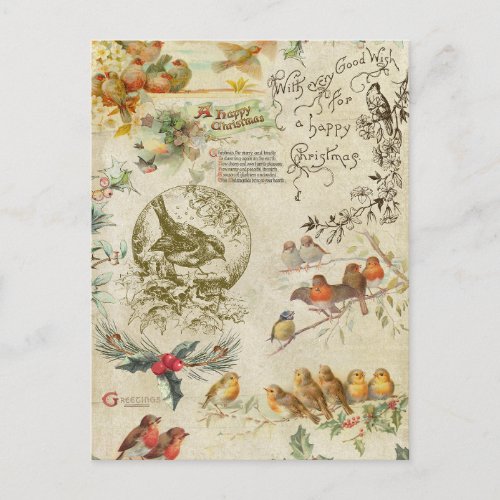 Rustic Vintage Christmas Birds  Holly Ephemera Holiday Postcard