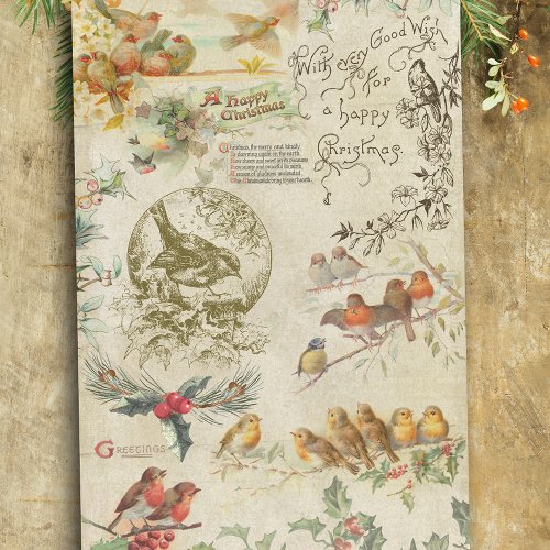 Rustic Vintage Christmas Birds  Holly Ephemera Tissue Paper