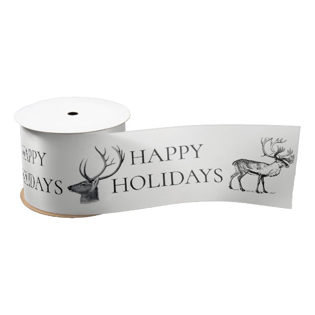 Rustic Vintage Christmas Deer Happy Holidays Satin Ribbon (Spool)