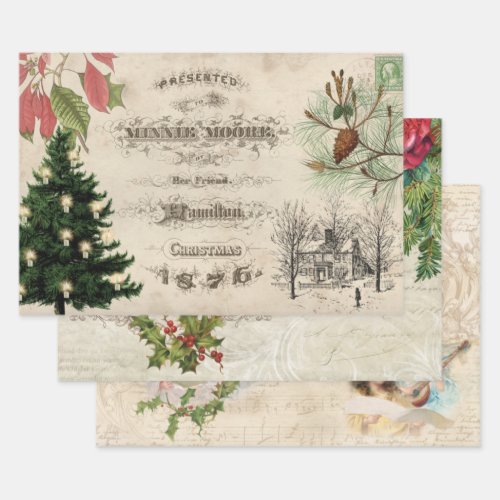 Rustic Vintage Christmas Ephemera Collage Wrapping Paper Sheets
