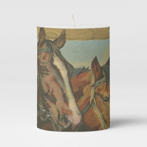 Rustic Vintage Christmas Horses Holiday Pillar Candle