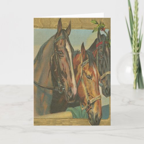 Rustic Vintage Christmas Horses Holly Berries Holiday Card