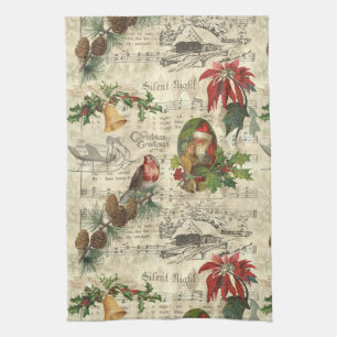 Rustic Vintage Christmas Music Floral Ephemera Kitchen Towel