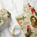 Rustic Vintage Christmas Music Floral Ephemera Wrapping Paper<br><div class="desc">Warm and nostalgic seamless vintage pattern featuring Santa portrait,  holly,  poinsettia,  bells and robin perched on a pine bough with Silent Night sheet music,  engraved rustic homestead and distressed ecru harlequin diamond pattern on buff parchment background.</div>