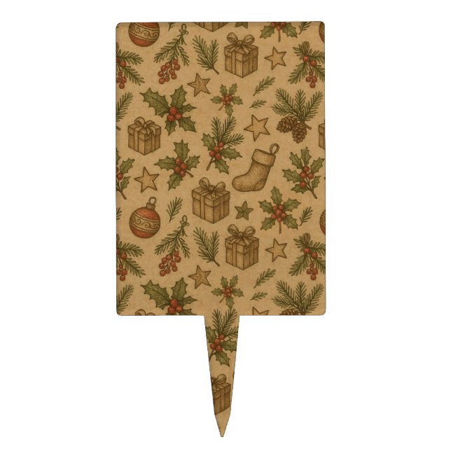 Rustic, vintage Christmas patterned Cake Topper (Front)