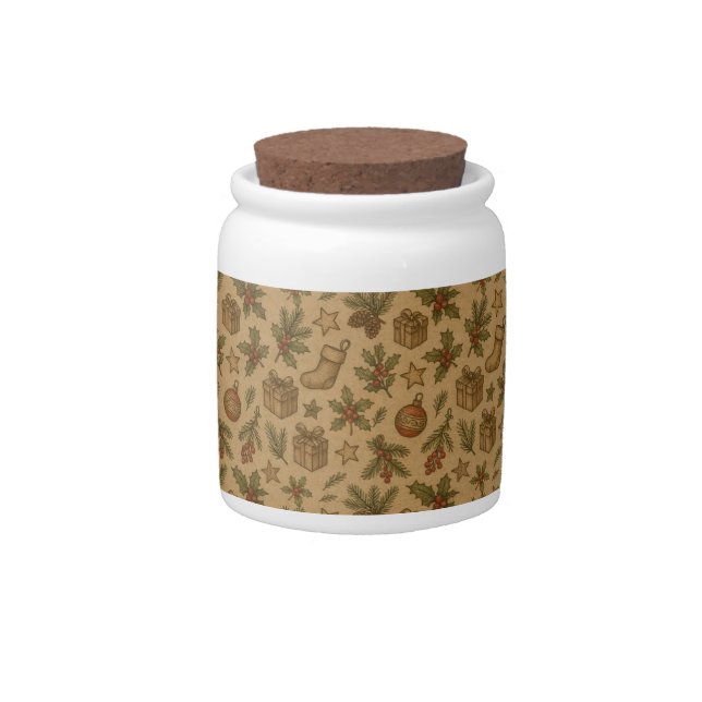 Rustic, vintage Christmas patterned Candy Jar (Front)