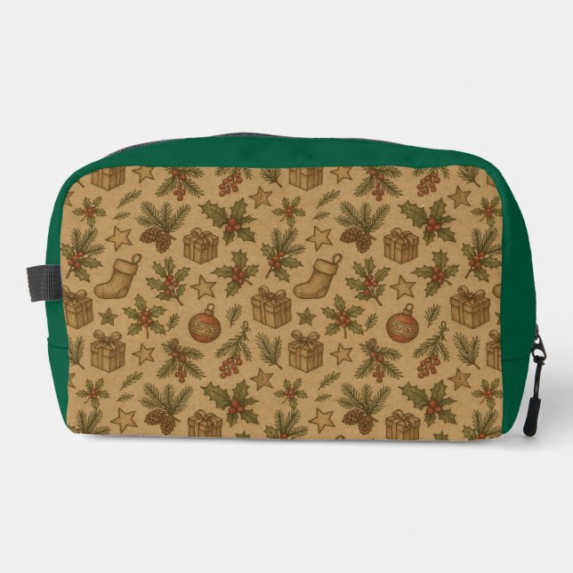 Rustic, vintage Christmas patterned Dopp Kit (Front)