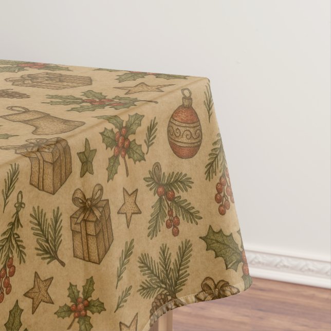 Rustic, vintage Christmas patterned Tablecloth (In Situ)