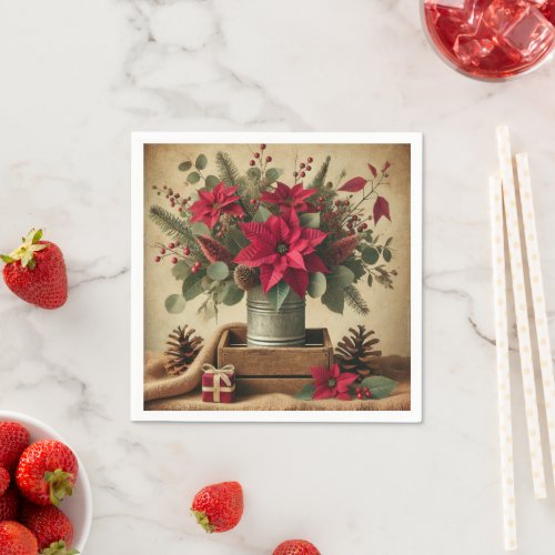 Rustic Vintage Christmas Poinsettia Decoupage Napkins