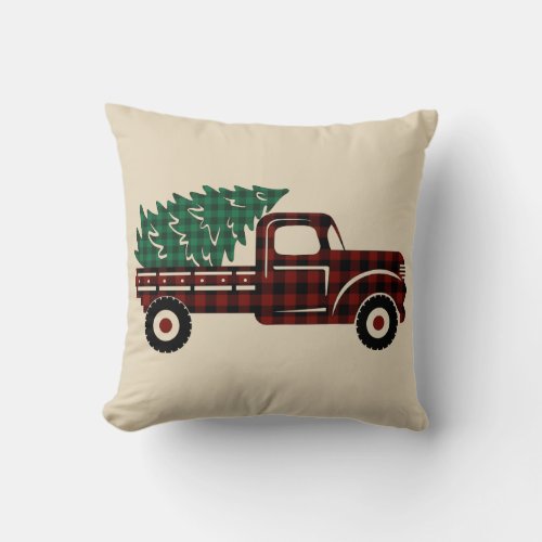 Rustic Vintage Christmas Red Plaid Truck Tree Throw Pillow