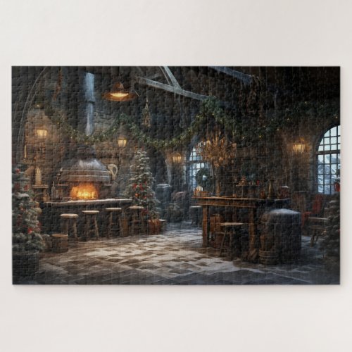 Rustic vintage Christmas Scene Fireplace  Jigsaw Puzzle