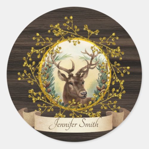 Rustic Vintage Christmas Stag Personalized Classic Round Sticker