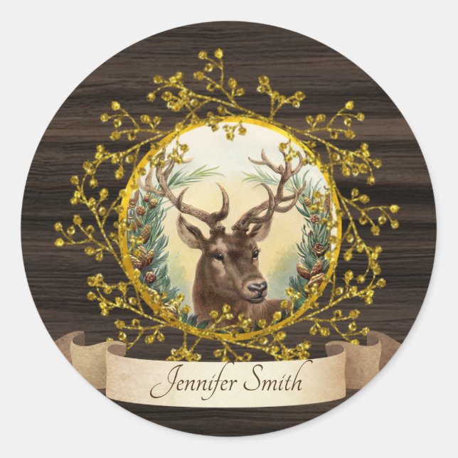 Rustic Vintage Christmas Stag Personalized Classic Round Sticker (Front)