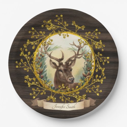Rustic Vintage Christmas Stag Personalized Party Paper Plates