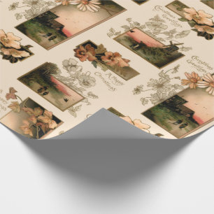 Rustic Vintage Christmas Sunset Villages w/Flowers Wrapping Paper