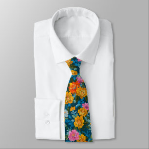 Rustic Vintage Colorful Floral Pattern in Blue (2) Neck Tie