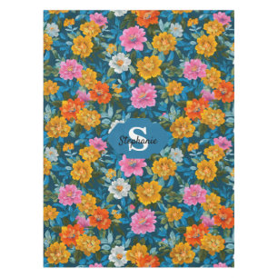 Rustic Vintage Colorful Floral Pattern in Blue (2) Tablecloth