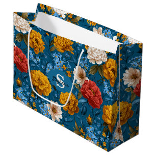 Rustic Vintage Colorful Floral Pattern in Blue Large Gift Bag