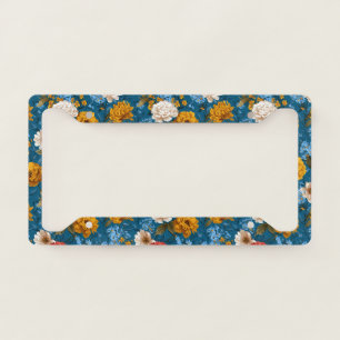 Rustic Vintage Colorful Floral Pattern in Blue License Plate Frame