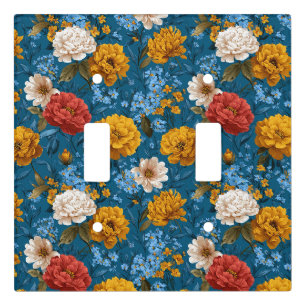 Rustic Vintage Colorful Floral Pattern in Blue Light Switch Cover