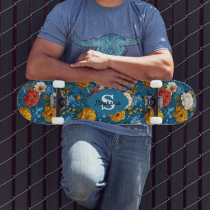 Rustic Vintage Colorful Floral Pattern in Blue Skateboard