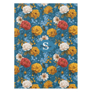 Rustic Vintage Colorful Floral Pattern in Blue Tablecloth