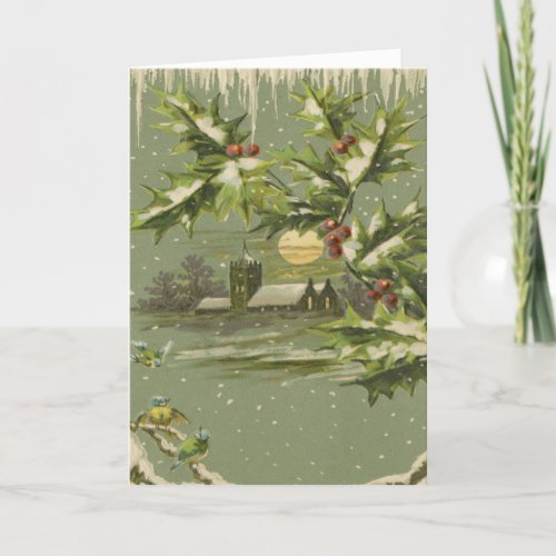 Rustic Vintage Country Church Snow Birds Christmas Holiday Card