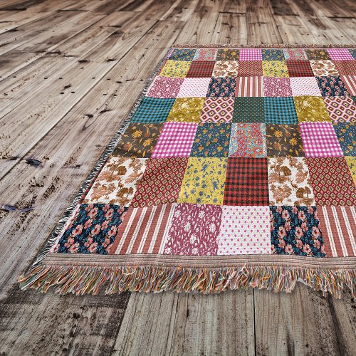 Rustic Vintage Country Patchwork Quilt Pattern Throw Blanket