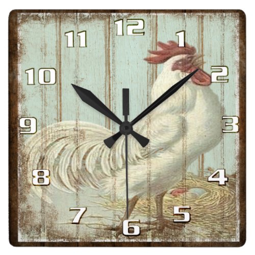 Rustic Vintage Country Rooster Kitchen Square Wall Clock