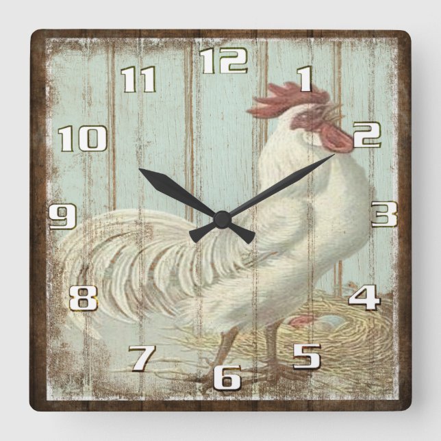 Rustic Vintage Country Rooster Kitchen Square Wall Clock (Front)