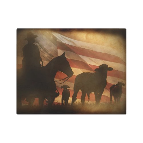 Rustic Vintage Cowboy and American Flag Distressed Metal Print