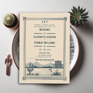 Rustic Vintage Cowboy Wedding Barn Cactus Teal Invitation