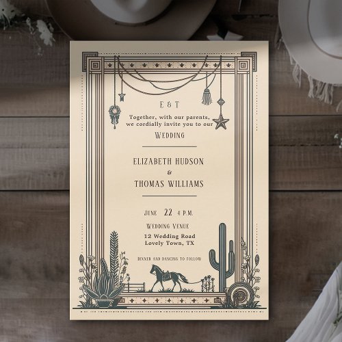 Rustic Vintage Cowboy Wedding Horse Cactus Frame Invitation