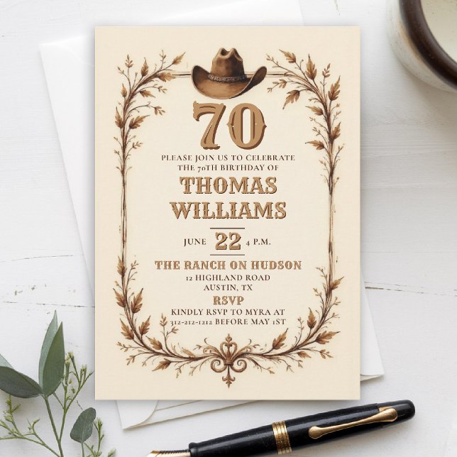 Rustic Vintage Cowboy Western Leaf 70th Birthday  Invitation (cowboy birthday invitation men 70th rustic vintage country western leaf brown husband dad grandpa)