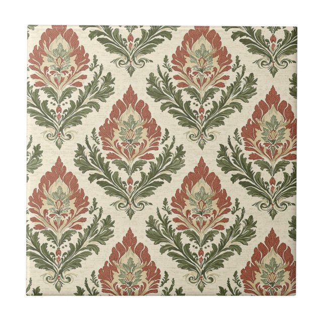 Rustic Vintage Damask Red Green Beige Ceramic Tile (Front)