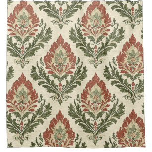 Rustic Vintage Damask Red Green Beige Shower Curtain