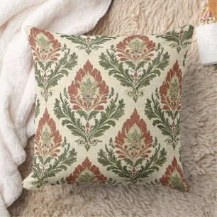 Rustic Vintage Damask Red Green Beige Throw Pillow