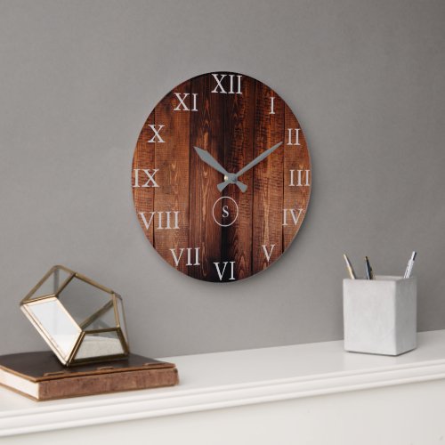 Rustic vintage dark wood Roman numbers monogram Large Clock