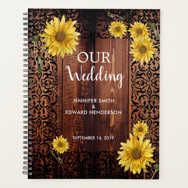 Rustic vintage dark wood sunflower wedding planner (Front)