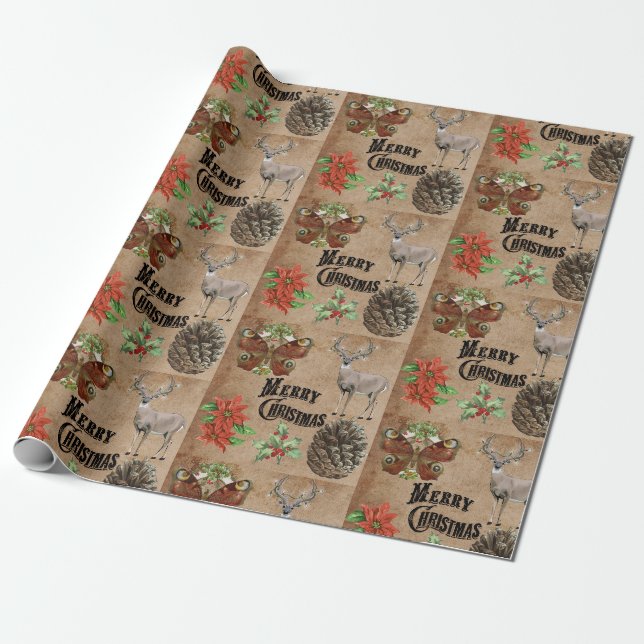 Rustic Vintage Deer Wrapping Paper (Unrolled)