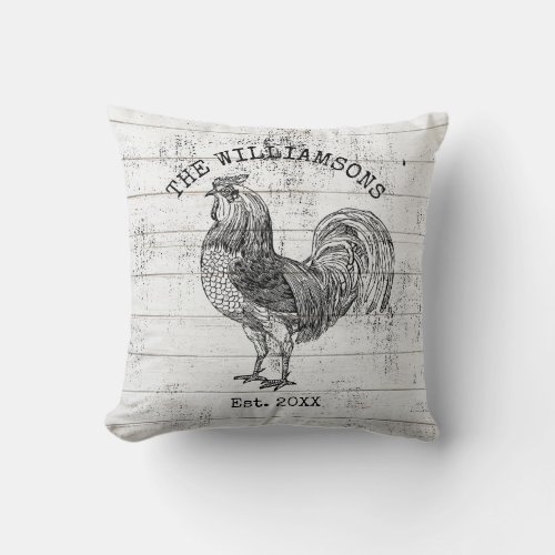 Rustic Vintage Distressed Family Name Farm Rooster Throw Pillow