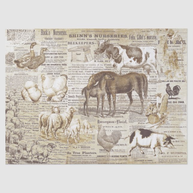 Rustic Vintage Domestic Animals Ephemera Beige Tissue Paper (Front)